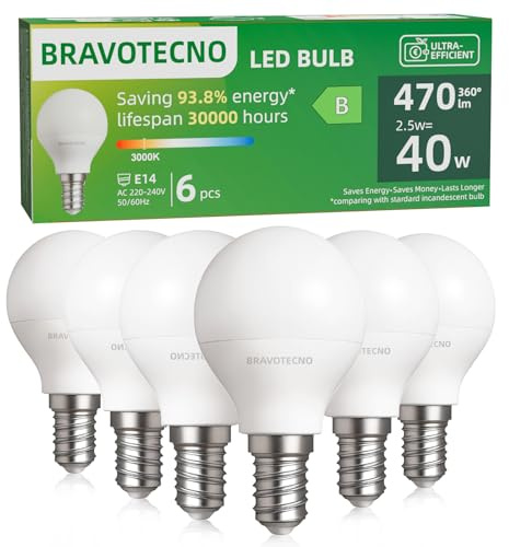 bravotecno E14 LED Glühbirne, Energieklasse B E14 LED Warmweiss, 3000K 2.5W 470LM G45/P45 Warmweiß Leuchtmittel Entspricht 40W, 360° Abstrahlwinkel, Nicht Dimmbar, Wärmearm & Langlebig, 6 Stück