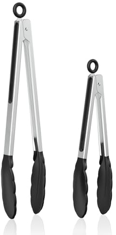 NileHome Tongs for Cooking, Professional Stainless Steel Metal Tongs – Heat-Resistant for Grilling, BBQ, Serving Salad, Pasta, and Kitchen Use, Dishwasher Safe, Set of 9 12, Black