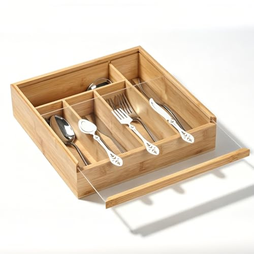 JAZUIHA Cubertería de madera con tapa, 5 compartimentos, caja de almacenamiento, 30 x 30 x 8 cm, organizador de cubiertos para mesa y cajón, soporte para cubiertos con diseño decorativo