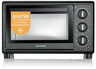 Severin Horno de sobremesa, 20L, hasta 230°C, aire caliente, calor superior e inferior, piedra para pizza, asador, bandeja para hornear, rejilla grill, temporizador 120 min, 1600W, negro, TO 2079