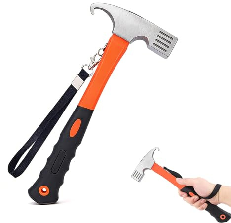 Camping Hammer Heavy Duty with Tent Stake Remover, High Carbon Steel Tent Stake Hammer with Lanyard, Rustproof Camping Mallet with Non-Slip Grip & Wrist Strap for Outdoor Camping, Picnic (Orange)