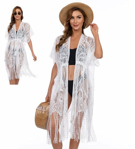 ZCJ Vestido de Playa para Mujer con Encaje y Flecos, Kimono de Playa con Cintura Elástica y Transpirable, Bikini Cover up para Verano, Vacaciones y Piscina