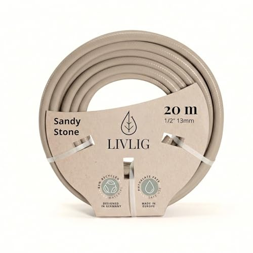 Livlig53 LIVLIG trädgårdsslang 20 m, flexibel premium vattenslang tillverkad av 60 % återvunnet material, UV-beständig, knicktålig, design trädgårdsslang 1/2 tum, beige