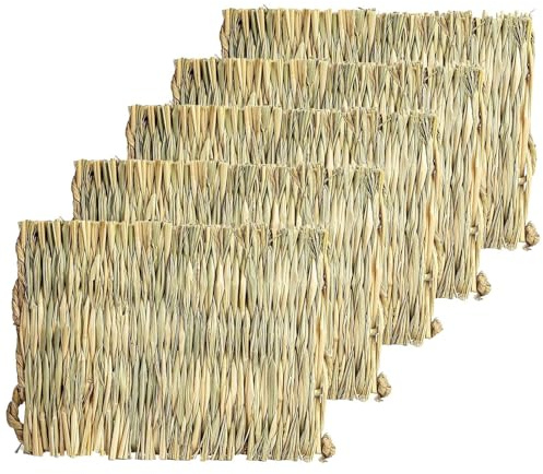 Tsophreniq Juego de 5 alfombrillas tejidas de paja natural para conejos, roedores, mascotas pequeñas, cómodas y masticables, accesorios de cama