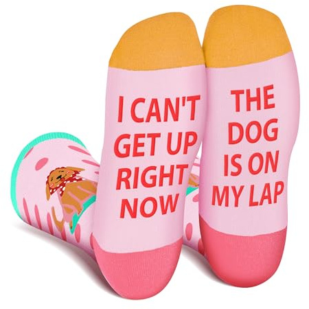 Calzini Cane Donna Ragazza Mamma Divertenti - I CAN’T GET UP RIGHT NOW THE DOG IS ON MY LAP - Calze Fantasia Colorati Simpatici Strani - Idee Regali Natale Festa Della Mamma Originali Regalo per Lei