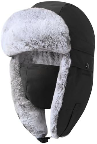 GADIEMKENSD Winter Trapper Hat for Women and Kid Warm Russian Ushanka for Men Snow Ski Hunting Trooper Hat with Ear Flaps Chin Strap Windproof Mask Faux Fur Aviator Warm Hat Cold Weather Cap Black L