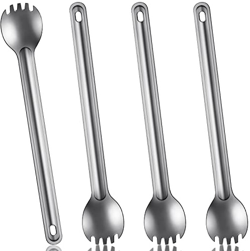 4 Pieces Titanium Long Handle Spork and Spoon Ultralight Portabale Flatware 8.7 Inch Soup Spoon Camping Spork for Outdoor Camping Backpacking Hiking Travel Picnic Tableware (Silver)