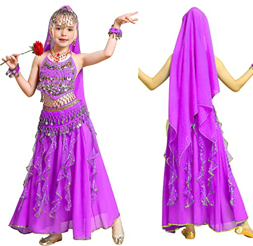 FORMIZON Bauchtanz Set für Kinder, 6-Teiliges Damen Professionel Bauchtanz Kostüm kit, Bauchtanz Kostuem Kinder Tanzkleid Karneval Kostüme Komplet Dancewear, Belly Dance Bauchtanz Kostüm (Lila, L)
