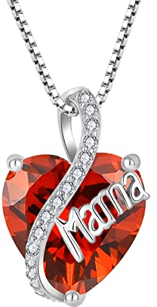YL Collar Mamá Corazón plata de ley 925 con colgante de granate con piedra natal de enero para mujer