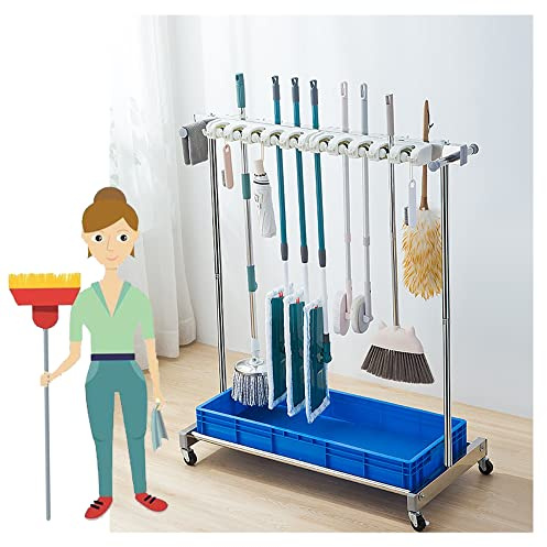 Soporte de Escoba,carro de limpieza profesional,Colgador de Escobas y Fregonas,estante de drenaje,Acero Inoxidable Organizador Soporte de Escobas y Fregonas para Hogar,Cocina,Garajes,Hoteles,Escuelas