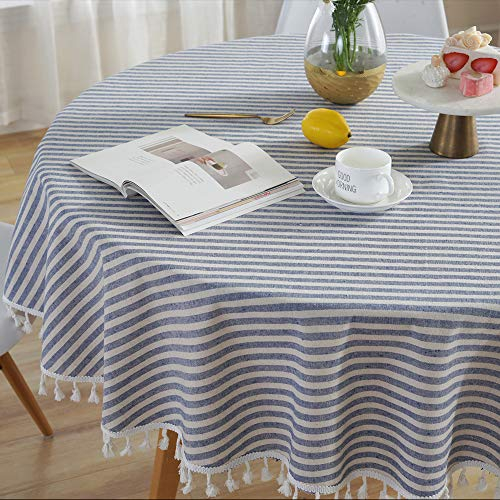 Plenmor Leinen Tischdecke Baumwolle, Leinenoptik Tischdecke Abwaschbar Table Cloth Boho Tischdecke Rund für Küchentisch und Outdoor Tischtuch (Blau, 140cm)