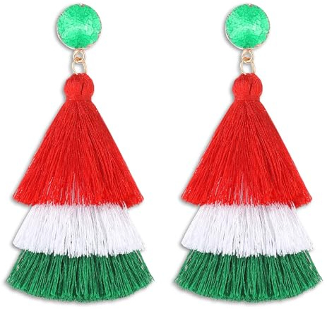 3 Layered Tassel Earrings Bohemian Quasten Ohrringe Rot Weiß Grün Geschichtete Quastenohrringe Boho Geschichtete Quastenfadenohrringe Bohemian Quaste Anhänger Weihnachtsohrringe