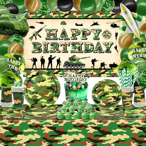 Decoración de fiesta de cumpleaños de camuflaje, suministros de fiesta del ejército, platos, tazas, servilletas, mantel de camuflaje, globos de fondo de feliz cumpleaños, decoración de pastel para
