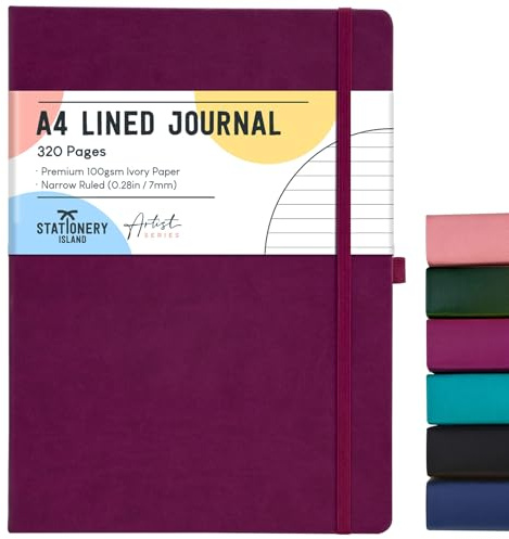 STATIONERY ISLAND A4 linjerad anteckningsbok, 320 sidor tjock journal anteckningsbok, linjerad journal inbunden med 100 gsm för att skriva, arbeta, studera, dagbok, bär