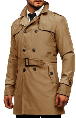 Runcati Trench Coat Men's Slim Fit Double Breasted Coat Medium Length Classic Business Casual Coat Autumn Windproof Coat