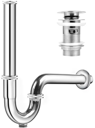 Siphon Universal für Waschbecken & Waschtisch, Chrom Pop Up Ventil Waschbeckenstöpsel für Waschtisch und Ablaufventil Abflussgarnitur (Siphon+Abflusssieb)
