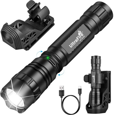 ULTRAFIRE Rechargeable Tactical Torch with Holster, 1000 Lumen 3 Modes LED Torch with Flashlight Holder for Duty Belt, for Police, Law Enforcement, Camping, WF-501BX