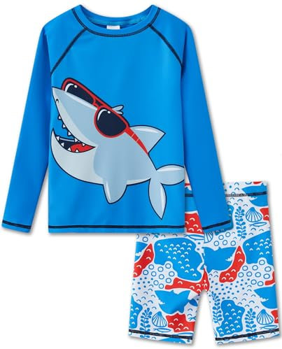 UMELOK Jungen Bade Set UPF 50+, Zweiteiliger Rash Guard in Blau mit Hai Motiv in Sonnenbrille und Blaue Schwimmshorts, Sonnenschutz für Kinder