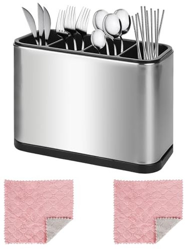 Trendecor 4 Fächer Besteckhalter, Küchenutensilienhalter mit 2 Putztuch für Küche Edelstahl Esszimmer Abtropfschale Besteckkasten Caddy Halter für Essstäbchen Löffel Messer und Gabeln
