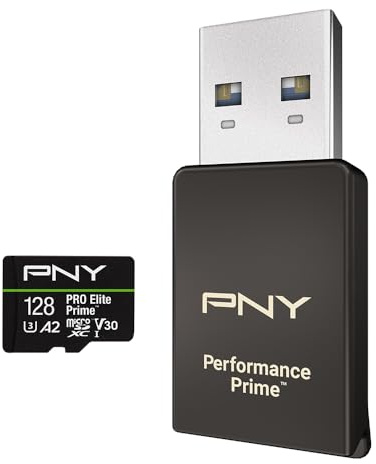 PNY Kit microSDXC/Lecteur microSD/Adaptateur SD, Carte microSDXC 128GB Pro Elite Prime Class 10 U3 V30 A2, jusqu'à 200MB/s, 4K UHD
