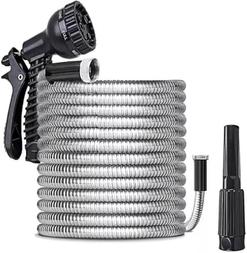 ATEK Garden Hose Pipe Heavy Duty Stainless Steel Water Pipe Lightweight Durable Strong Kink Free Leakproof Rust-Proof with Spray Gun Nozzel for Lawn Outdoor Yard Car Washing (Garden Hose 25ft)