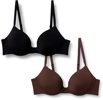 Amazon Essentials Soutien-Gorge Plongeant Push-Up Avec Doublure En Microfibre Femme, Lot de 2, Noir/Noisette, 85B