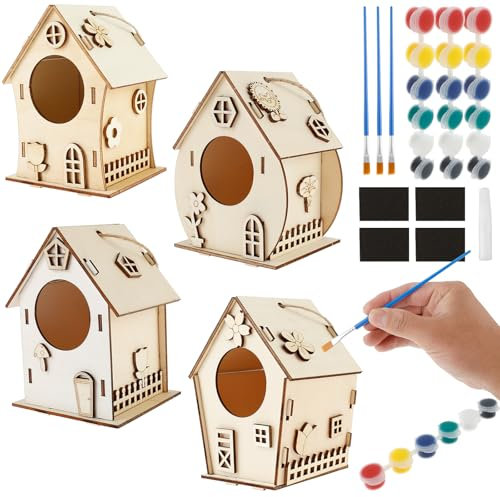 Vogelhaus Bausatz für Kinder, DIY Set 4 Stück Vogelhaus bastelset aus Holz, Vogelhauss zum bemalen, Vogelkasten Bastelset Ostern Geschenke für Mädchen Jungen Kleinkinder