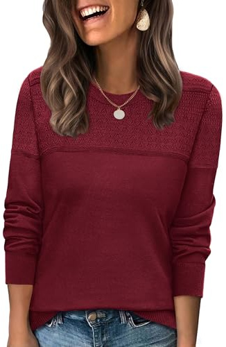WIHOLL Sweaters for Women Crewneck Crochet Tops Long Sleeve 2026 Fall Winter Outfits Fashion Clothing Burgundy M