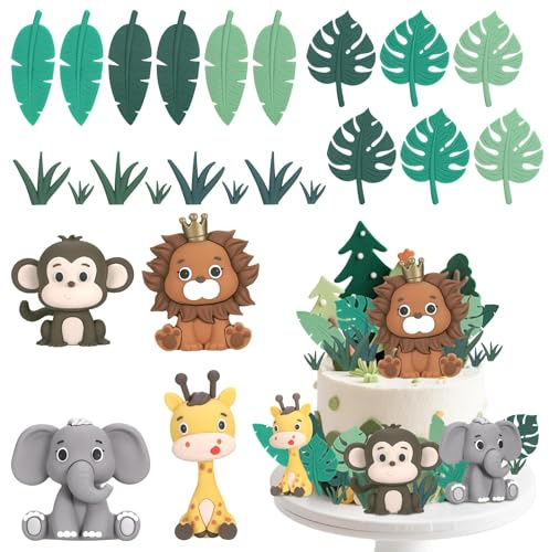 TranRantic 24 Piezas Decoración para Tartas Animales, Decoracion Tarta de Selva con Hojas, Safari Decoración de Tarta Reutilizables, Decoraciones de Fiesta de Cumpleaño para Niños Niñas Bebé