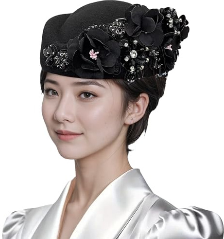 JIAHG Béret Femme en Feutre avec Fleurs Vintage Chapeau Derby d'Église Dame Demoiselle Chapeau Fedora Bibi Fascinator pour Cérémonie de Mariage Banquet Bal Soirée