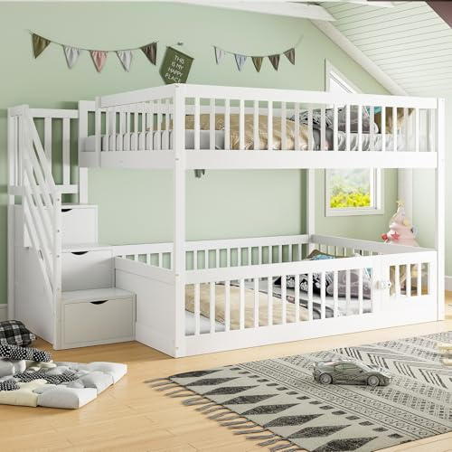Sweiko Lit superposé 140 x200 cm avec échelle de sécurité et tiroirs, lit Simple en Bois avec Espace de Rangement, idéal pour Les Enfants et Les Adolescents,White