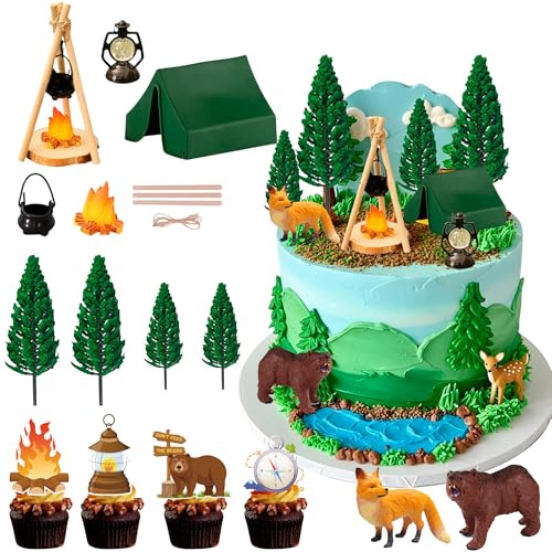 Camping Cake Decorations Set – Woodland Camping Cake Toppers with Campfire, Tent, Lantern, Bear, Fox & Trees, Outdoor Adventure Cakes Decor for Birthday Party Celebrations