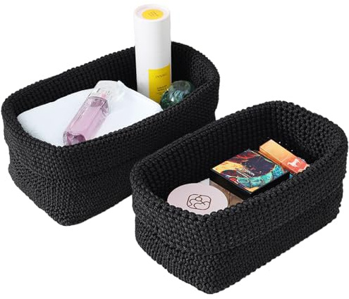 ASOUUNLD 2er Set Aufbewahrungskorb Bad Häkelkorb gewebt 29x15x18.5cm Stabiler Strickkorb für Gästehandtücher Geflochtener Regalkorbfür Badezimmer Regale Kosmetik Handtücher (Schwarz)