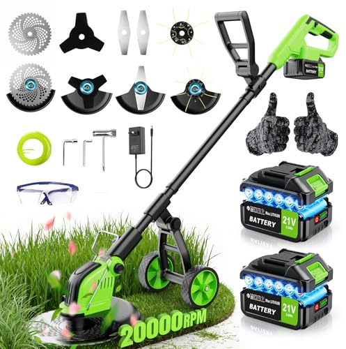20,000RPM Cordless Electric Weed Wacker, 800W Brushless Weed Eater with Wheels, 12 4-in-1 String Trimmer Lawn Edger Mini Lawn Mower Brush Cutter, Foldable, 21V, 2×4.0Ah Batteries Power Display