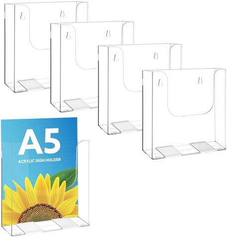 DHSWNNG 5 PCS A5 Leaflet Holder, Acrylic Brochure Holder Flyer Display Stand with Hanging Hole Literature Holders Freestanding Booklet for Magazine Menu Business Card Journals