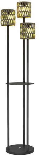 Outsunny Boho Rattan Stehlampe, 3-flammige Rattanlampe mit Regal, Freistehende Solar Gartenleuchte mit Auto On/Off Lichter, IP44 Wasserdicht für Veranda, Weg, Terrasse, Grau