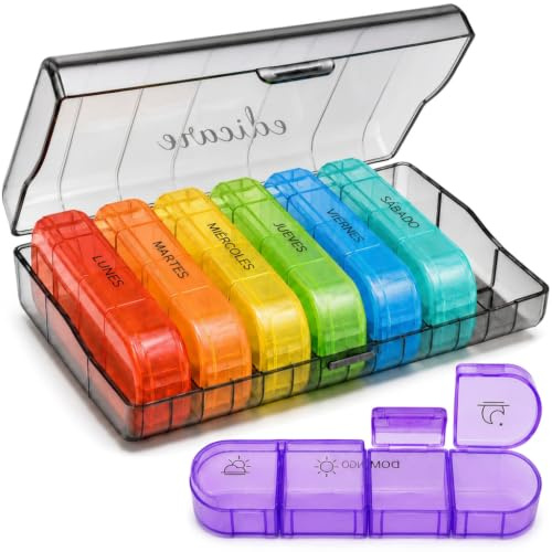 Edicare, Pastillero Semanal 4 Tomas, Días de la Semana en Español, Organizador de Pastillas, Caja de Medicamentos Portátil (Español, 4 Tomas)