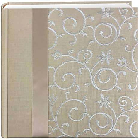 Pioneer Embroidered Scroll Ribbon Trimmed Fabric Cover Photo Album, Ivory on Ivory