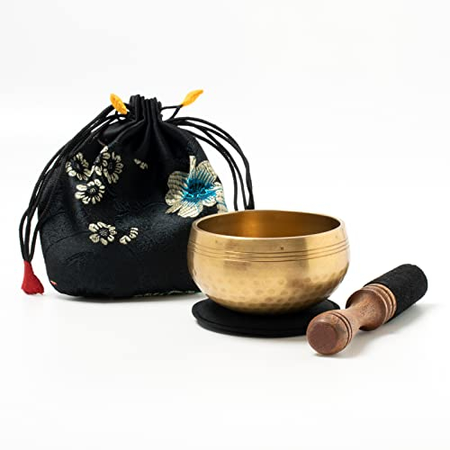 Gegossene Klangschalen-Set in gehämmerter Antik-Optik, Kindergarten, Yoga, zum Zeichen der Aufmerksamkeit geeignet, inklusiv Holz-/Lederklöppel sowie schwarzer Unterlage, verpackt im Beutel -5053-