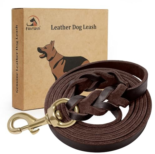 FAIRWIN Braided Leather Dog Training Leash 6 Foot - Military Grade Heavy Duty Dog Leash for Large Medium Small Dogs (Brown, M:5/8 x 6ft)