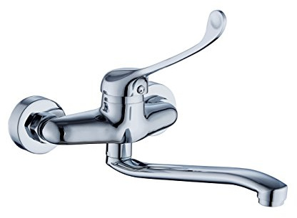 DP Grifería - Grifo de cocina, grifo monomando de pared con caño bajo, color plateado, modelo Lirio con maneta higiénica