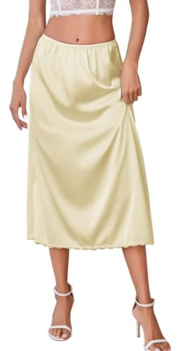 Avidlove Half Slips for Women Satin Petticoat Long Lace Underskirt(Beige,S)
