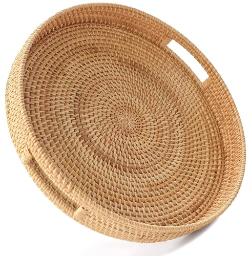 HITOMEN 11.8 Hand-Woven Round Rattan Serving Tray Decorative Wicker Trays with Handles for Coffee Table (Natural-M)