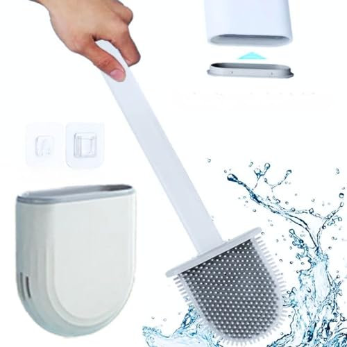 Silicone Toilet Brush Set White - Wall Mounted Toilet brush & holder Loo Brush - Scratch Proof Bristles Long Handle and Holder with Air Holes for Quick Dry - Germ Free bathroom Cleaning