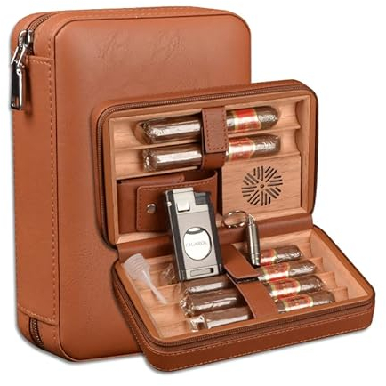 6-Finger Cigar Travel Humidor Cigar Case with Triple Flame Cigar Lighter, Leather Cigar Box with Round Humidifier, Cigar Punch and Dropper, Cedar Wood Humidor Cigar Box Gift Box Storage Box (Brown)