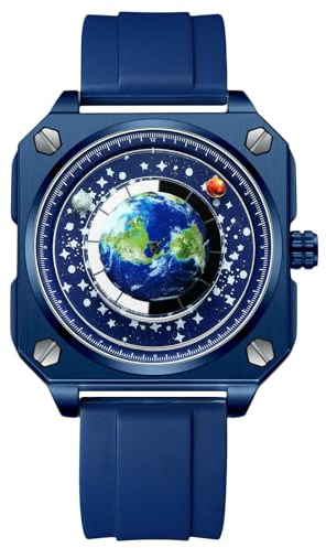 RORIOS Herren Kreative Uhren Einzigartige Zeiger Armbanduhr Analoge Quarz Quadratische Uhr ERD Zifferblatt Uhr Mode Design Edelstahl für Männer Blau B