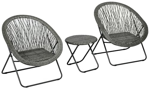 Outsunny Polyrattan Gartenmöbel Set, klappbar Outdoor Sitzgruppe für 2 Personen, 3-teilig Balkonmöbel mit 2 Stühle, Tisch, wetterfest Balkonmöbel für Garten, Balkon, Grau