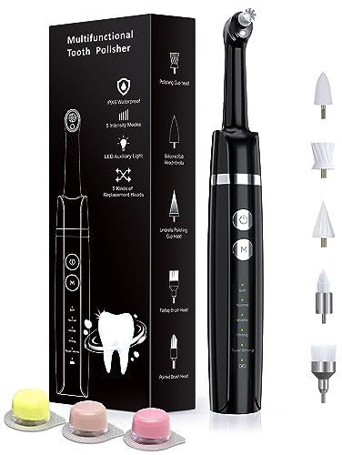 Tooth Polisher, Trueocity Teeth whitening kit with 5 Modes for Plaque Stain Removal Yellow Teeth, Teeth Polisher Stain Remover with 5 Heads & 3 polishing Paste, Rechargeable