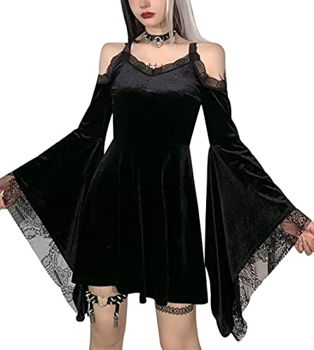 XKBHYD Womens Gothic Vintage Dress Flare Sleeve Fairy Velvet Dresses Witchy Halter Dress Punk Grunge Harajuku Dress