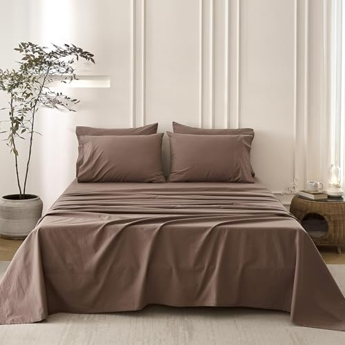 BDEAR 6PS Light Chocolate Brown Bedding Sets Linen Like Cotton Bed Set Oeko-TEX Standard 100% Washed Cotton Deep Pocket Queen Size Fitted Sheet Plus Cozy Flat Sheet and 4 Pillowcases